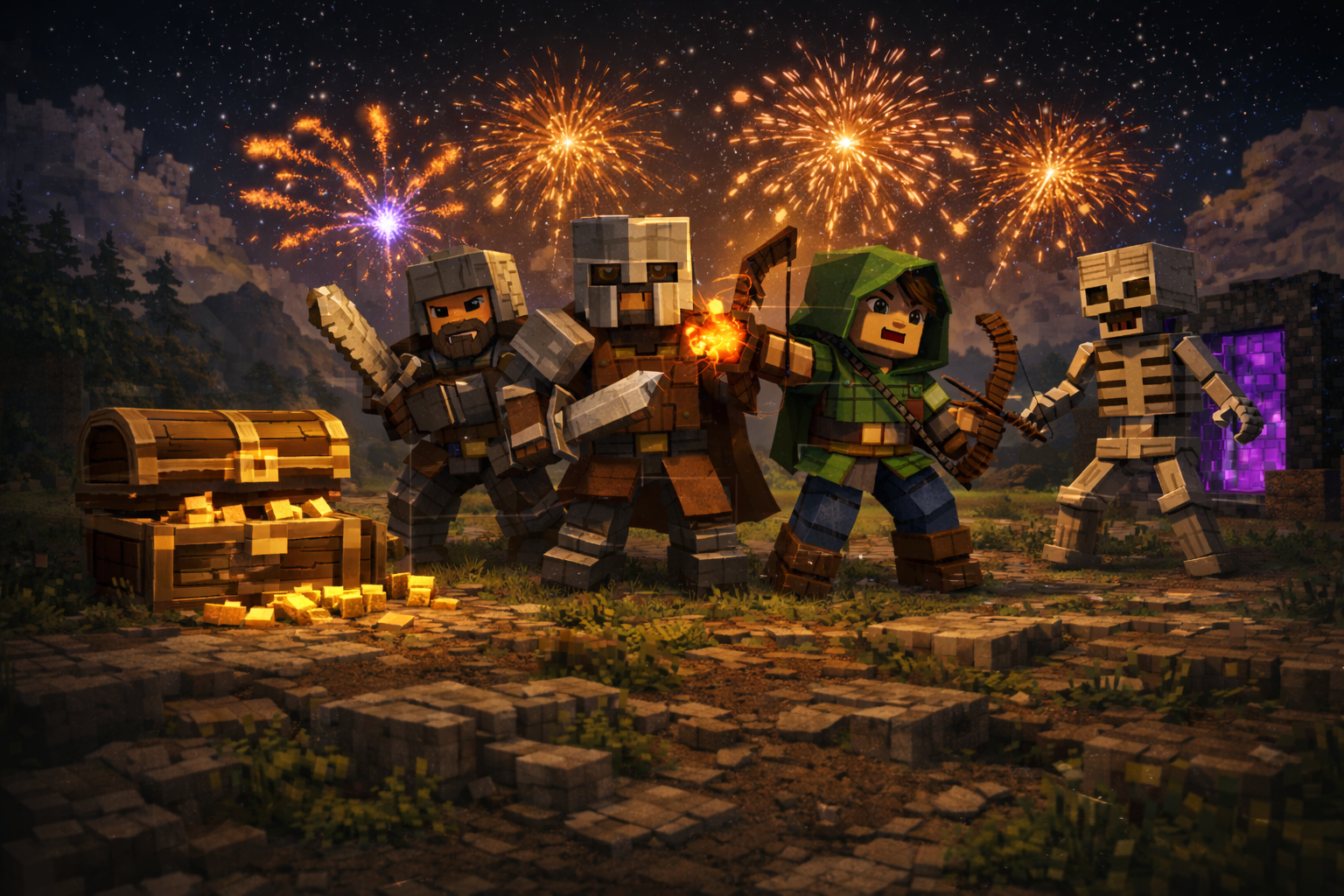 Adventure party under fireworks during a Genesis Order event