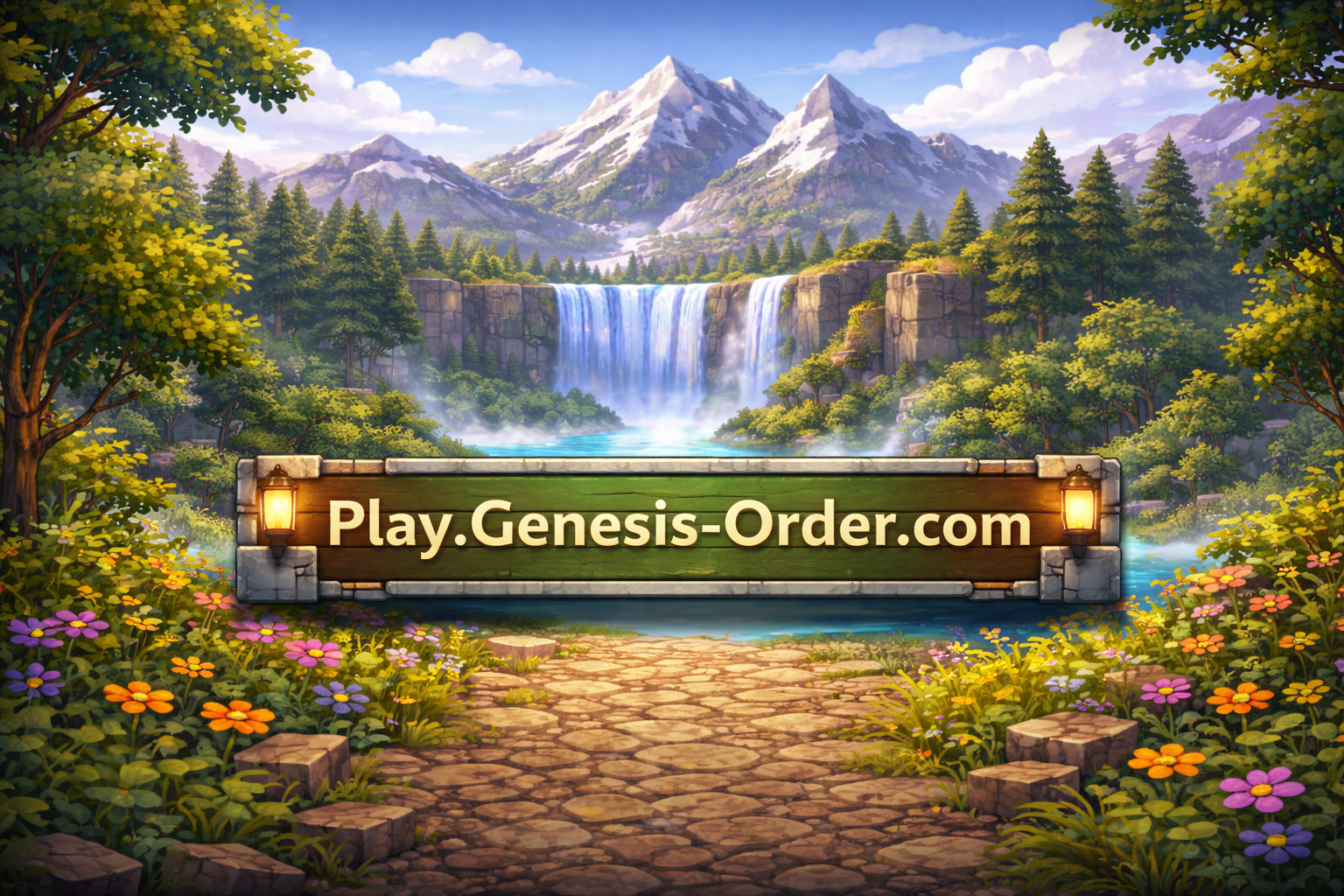Scenic entrance artwork showing the shared Play address for The Genesis Order